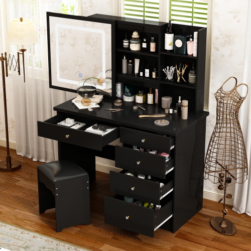 Famapy Vanity Desk Set Makeup Table with Large Sliding Lighted Mirror, Dressing Table with 5 Drawers, Storage Shelves & Cushioned Stool for
