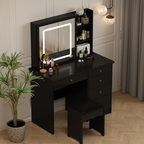Famapy Vanity Desk Set Makeup Table with Large Sliding Lighted Mirror, Dressing Table with 5 Drawers, Storage Shelves & Cushioned Stool for