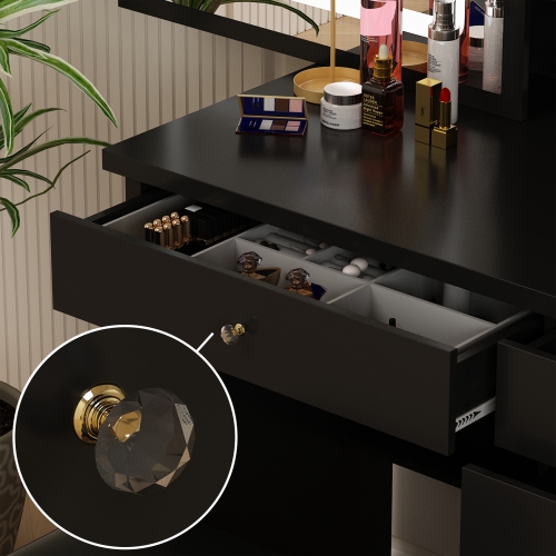 Famapy Vanity Desk Set Makeup Table with Large Sliding Lighted Mirror, Dressing Table with 5 Drawers, Storage Shelves & Cushioned Stool for