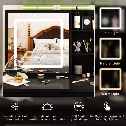 Famapy Vanity Desk Set Makeup Table with Large Sliding Lighted Mirror, Dressing Table with 5 Drawers, Storage Shelves & Cushioned Stool for