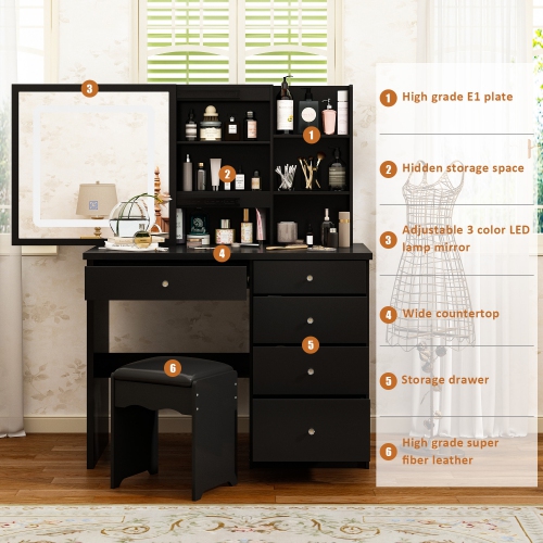 Famapy Vanity Desk Set Makeup Table with Large Sliding Lighted Mirror, Dressing Table with 5 Drawers, Storage Shelves & Cushioned Stool for