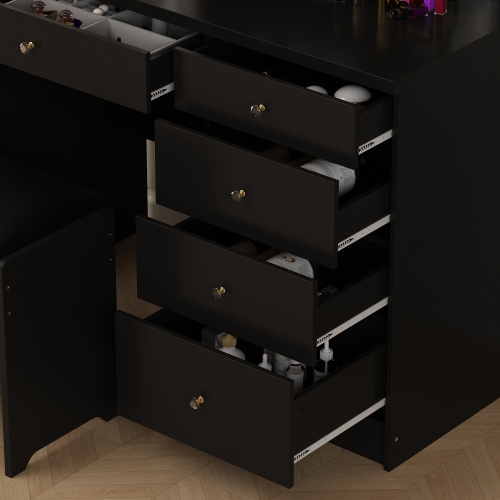 Famapy Vanity Desk Set Makeup Table with Large Sliding Lighted Mirror, Dressing Table with 5 Drawers, Storage Shelves & Cushioned Stool for