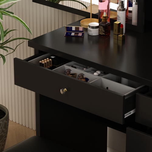 Famapy Vanity Desk Set Makeup Table with Large Sliding Lighted Mirror, Dressing Table with 5 Drawers, Storage Shelves & Cushioned Stool for