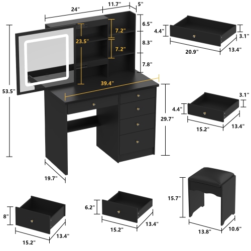 Famapy Vanity Desk Set Makeup Table with Large Sliding Lighted Mirror, Dressing Table with 5 Drawers, Storage Shelves & Cushioned Stool for