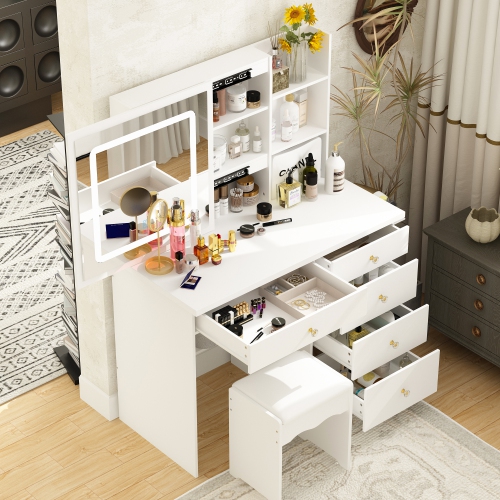 Famapy Vanity Desk Set Makeup Table with Large Sliding Lighted Mirror, Dressing Table with 5 Drawers, Storage Shelves & Cushioned Stool for