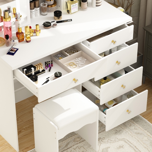 Famapy Vanity Desk Set Makeup Table with Large Sliding Lighted Mirror, Dressing Table with 5 Drawers, Storage Shelves & Cushioned Stool for