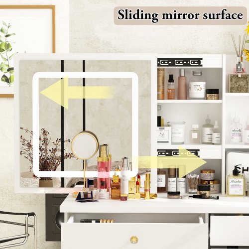 Famapy Vanity Desk Set Makeup Table with Large Sliding Lighted Mirror, Dressing Table with 5 Drawers, Storage Shelves & Cushioned Stool for