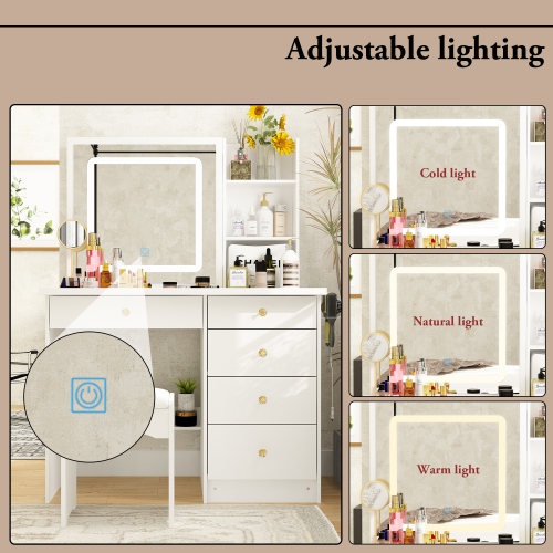Famapy Vanity Desk Set Makeup Table with Large Sliding Lighted Mirror, Dressing Table with 5 Drawers, Storage Shelves & Cushioned Stool for