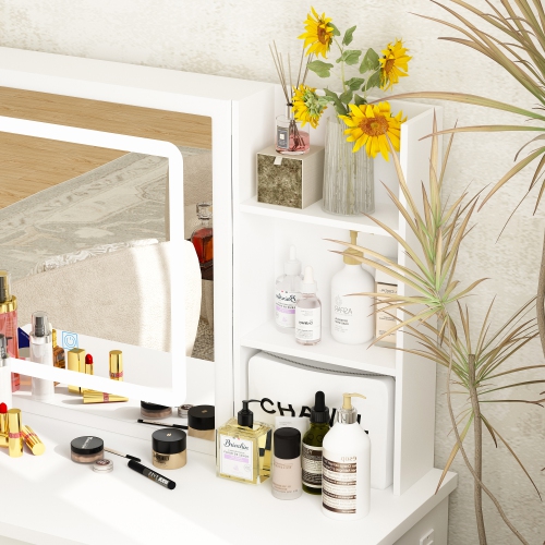 Famapy Vanity Desk Set Makeup Table with Large Sliding Lighted Mirror, Dressing Table with 5 Drawers, Storage Shelves & Cushioned Stool for