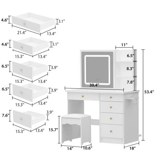Famapy Vanity Desk Set Makeup Table with Large Sliding Lighted Mirror, Dressing Table with 5 Drawers, Storage Shelves & Cushioned Stool for