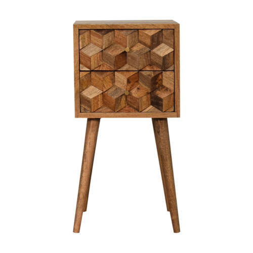 ARTISAN FURNITURE  Solid Wood Mini Cube Carved 2 Drawer Nightstand In Oak - Ish Finish