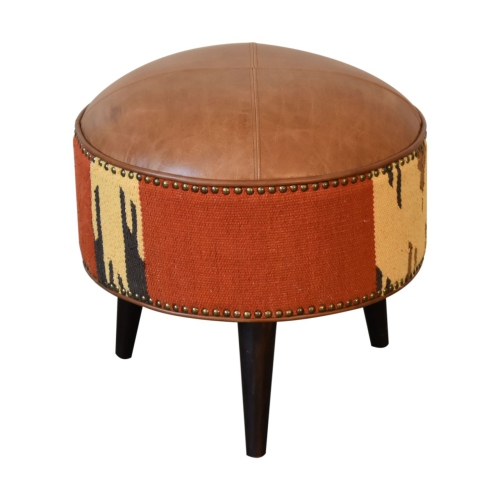 Artisan Furniture Durrie & Leather Mixed Color Footstool