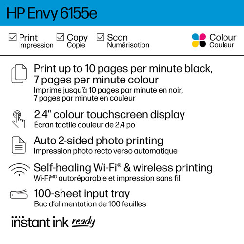 Imprimante à jet d'encre tout-en-un 6155e de HP - Essai de 3 mois de Instant Ink de HP inclus*