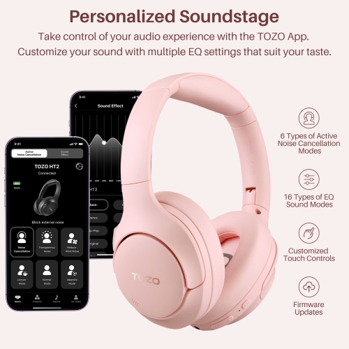 TOZO HT2 Hybrid Active Noise Cancelling Headphones, Wireless Over Ear Bluetooth Headphones, 60H Playtime, Hi-Res Audio Custom EQ via App Deep Bass