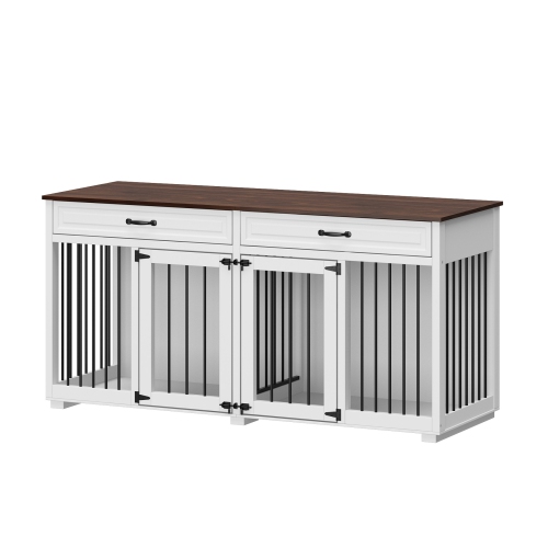 FAMAPY  Large Double-Door Dog Crate Cabinet With Drawers And Spacious Compartments, (64.6" W X 23.2" D X 31.9" H) In White