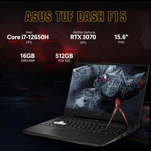 Refurbished - ASUS TUF Dash 15.6" FHD 144Hz Gaming Laptop, 512GB PCIe SSD, 16GB DDR5 RAM, 12th Core i7-12650H, NVIDIA RTX 3070 8GB GDDR6, Win 11,