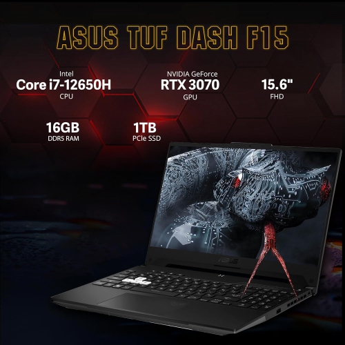 Refurbished - ASUS TUF Dash 15.6" FHD 144Hz Gaming Laptop, 1TB PCIe SSD, 16GB DDR5 RAM, 12th Core i7-12650H, NVIDIA RTX 3070 8GB GDDR6, Win 11, 32GB