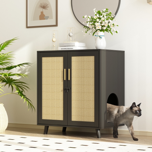 Famapy Modern Cat Litter Box Enclosure Cabinet with Double Doors, Ventilation Holes, and Rattan Design Black and Yellow