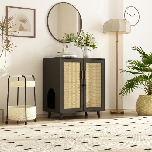Famapy Modern Cat Litter Box Enclosure Cabinet with Double Doors, Ventilation Holes, and Rattan Design Black and Yellow