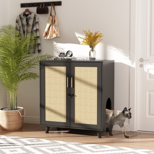 Famapy Modern Cat Litter Box Enclosure Cabinet with Double Doors, Ventilation Holes, and Rattan Design Black and Yellow