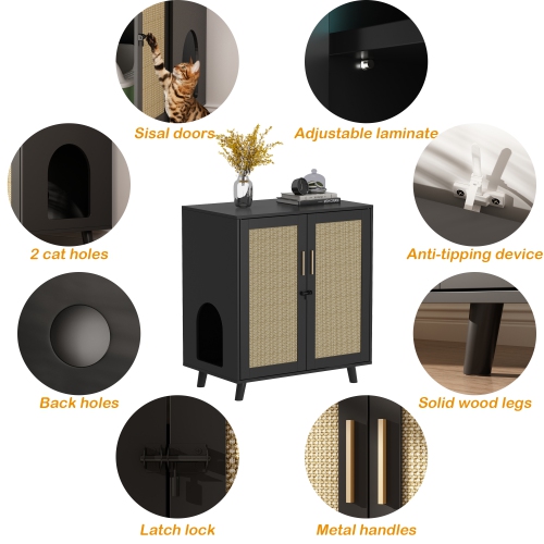 Famapy Modern Cat Litter Box Enclosure Cabinet with Double Doors, Ventilation Holes, and Rattan Design Black and Yellow