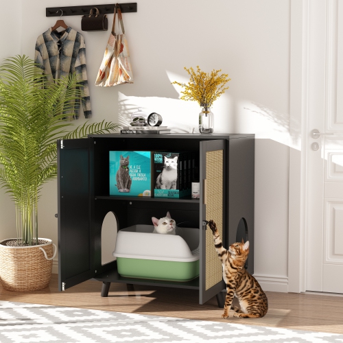 Famapy Modern Cat Litter Box Enclosure Cabinet with Double Doors, Ventilation Holes, and Rattan Design Black and Yellow
