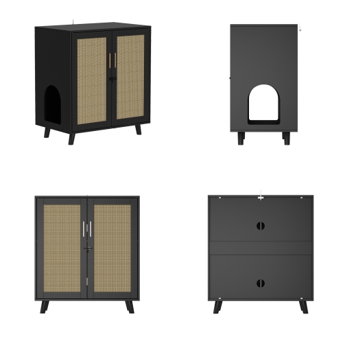 Famapy Modern Cat Litter Box Enclosure Cabinet with Double Doors, Ventilation Holes, and Rattan Design Black and Yellow