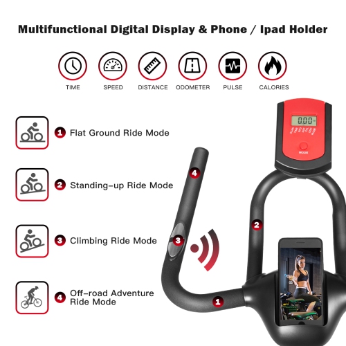 Vélo d'exercice d'intérieur SuperFit avec courroie silencieuse et support pour téléphone, siège ajustable, moniteur ACL, vélo stationnaire pour