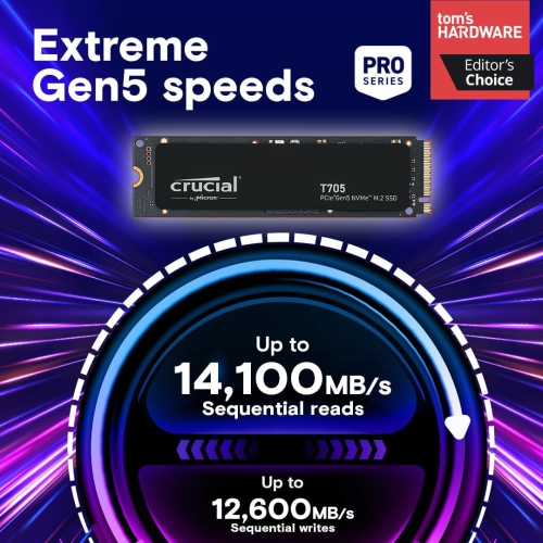 New 2024 Crucial T705 4TB PCIe Gen5 NVMe M.2 SSD - Up to 14,100 MB/s - Game Ready - Internal Solid State Drive - +1mo Adobe CC - CT4000T705SSD3