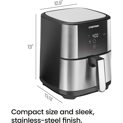 Chefman TurboFry Touch Air Fryer, 5Qt Family Size, One Touch Digital Control Presets, French Fries, Chicken, Meat, Fish, Nonstick Dishwasher-Safe