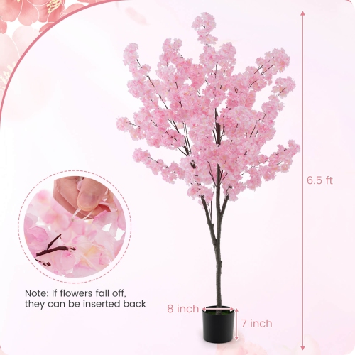 Costway 6.5 FT 1 PCS Tall Artificial Cherry Blossom Tree with 900 Pink Flowers Cement-filled