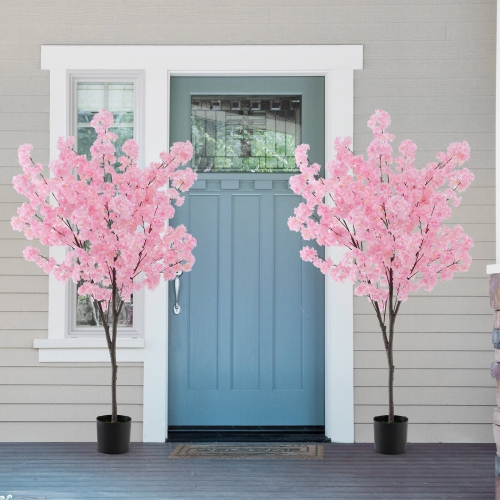 Costway 6.5 FT 1 PCS Tall Artificial Cherry Blossom Tree with 900 Pink Flowers Cement-filled