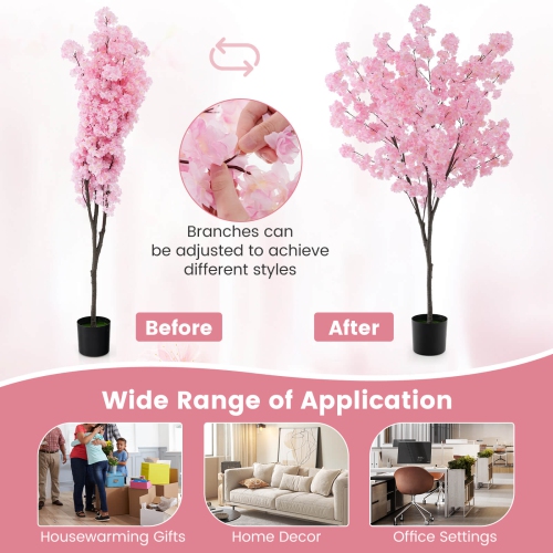 Costway 6.5 FT 1 PCS Tall Artificial Cherry Blossom Tree with 900 Pink Flowers Cement-filled