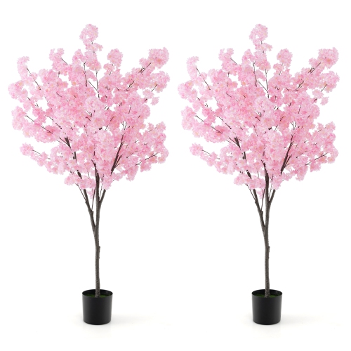 COSTWAY  6.5 Ft 2 PCs Tall Artificial Cherry Blossom Tree With 1170 Flowers Cement-Filled In Pink