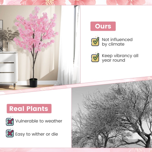 Costway 6.5 FT 2 PCS Tall Artificial Cherry Blossom Tree with 900 Pink Flowers Cement-filled