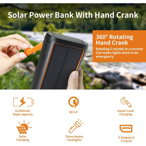 Reezar 61200mAh Solar Charger, Built in Hand Crank 4 Cables, External Battery Pack PD 15W QC3.0 Fast Charging, Type C Input/Output, LED Camping