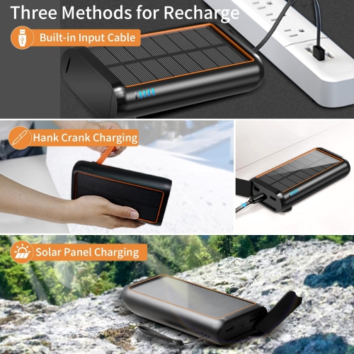 Reezar 61200mAh Solar Charger, Built in Hand Crank 4 Cables, External Battery Pack PD 15W QC3.0 Fast Charging, Type C Input/Output, LED Camping