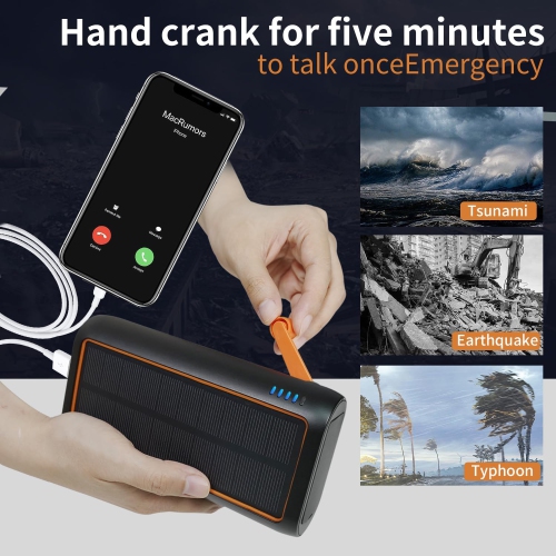 Reezar 61200mAh Solar Charger, Built in Hand Crank 4 Cables, External Battery Pack PD 15W QC3.0 Fast Charging, Type C Input/Output, LED Camping