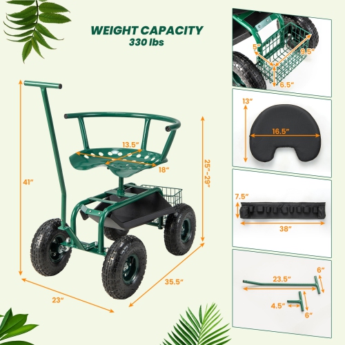 Chariot de jardinage roulant de Costway pour le jardinage d'extérieur avec hauteur réglable et rangement pour outils