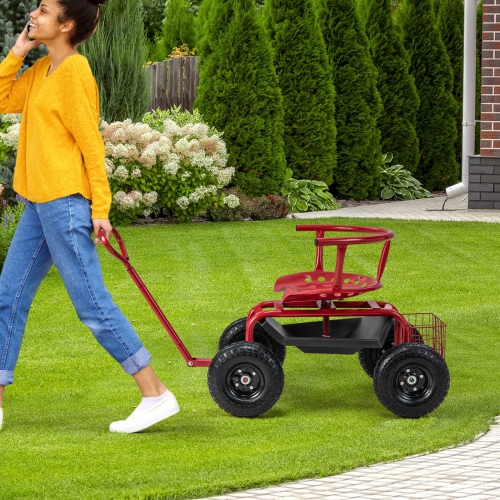 Costway Rolling Garden Cart Height Adjustable Scooter with Swivel Seat & ToolStorage