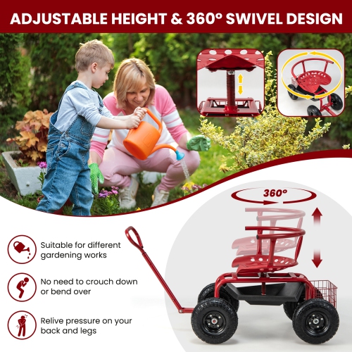 Costway Rolling Garden Cart Height Adjustable Scooter with Swivel Seat & ToolStorage