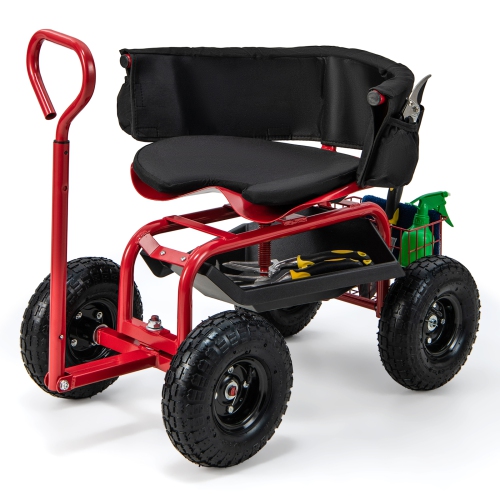 Costway Rolling Garden Cart Height Adjustable Scooter with Swivel Seat & ToolStorage