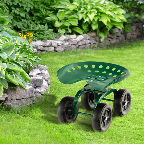 Chariot de jardin roulant robuste de Costway avec siège pivotant à 360° et hauteur d'ajustement