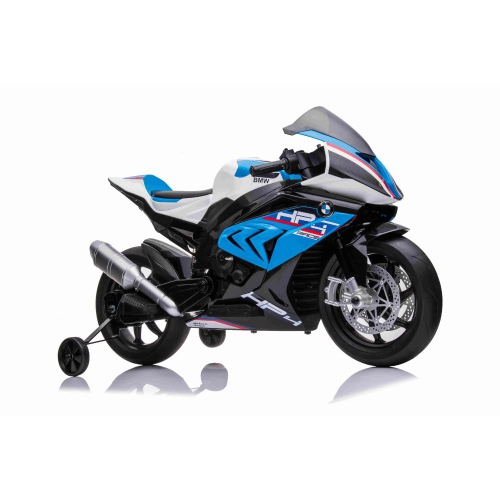 KidsVIP Kids Ride On Motorcycle BMW HP4 12V Battery Powered Electric Bike: Rubber Wheels, Stabilizing Wheels, Music Player