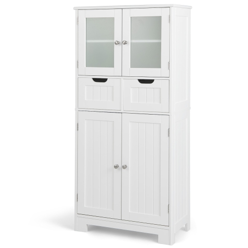 COSTWAY  Bathroom Floor Storage Cabinet Kitchen Cupboard W/ 2 Drawers & Glass Doorswhite