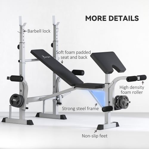 Soozier Adjustable Weight Bench with Squat Rack, Preacher Curl Pad, Leg Developer, Butterfly, and Weight Storage, Multi-Function Bench Press Set for