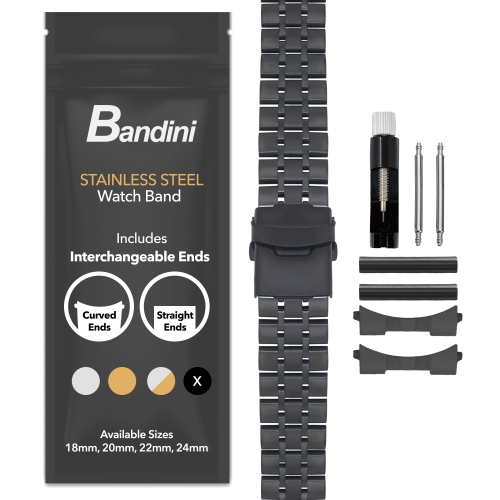 Bandini 18mm Stainless Steel Metal Watch Band, Universal Smartwatch Band - Black