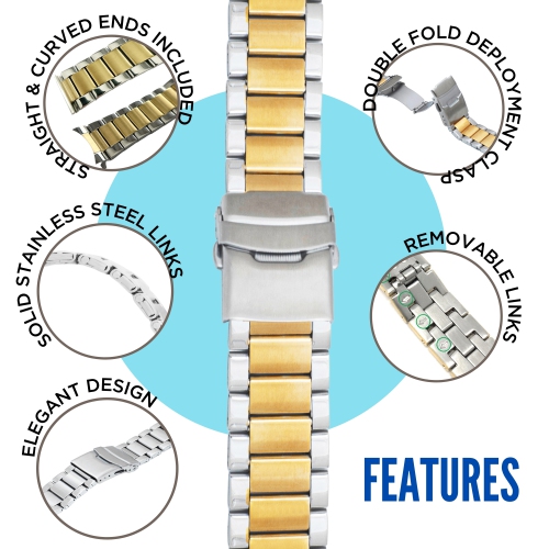 Bandini 24mm Stainless Steel Watch Band for Suunto 9, 9 Baro, 7 and Spartan - Metal Watch Band For Diesel On Axial and Full Guard - Gold Tone