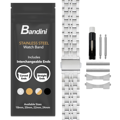 Bandini 20mm Metal Watch Band for Samsung Galaxy Watch6 5 4, Active, Also Fits Garmin Vivoactive 5, Vivomove 3, 1, Venu SQ - Silver Tone