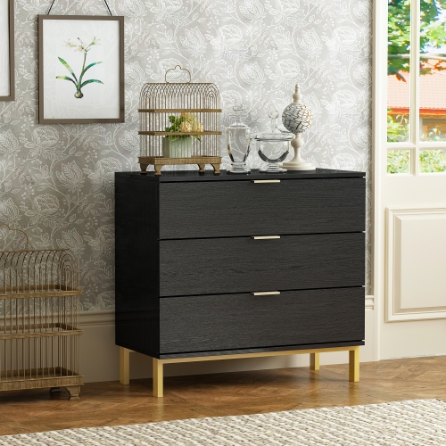 Famapy Modern 3-Drawer Dresser with Gold Accents and Spacious Storage for Bedroom or Living Room Black
